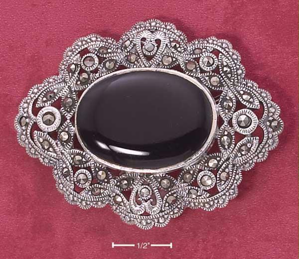 Sterling Silver 18 X 30mm Oval Onyx Scalloped Marcasite Pin
