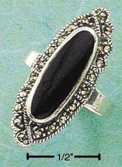 Sterling Silver Marcasite Elongate Oval Onyx Ring