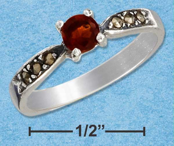 Sterling Silver Dainty Genuine Garnet Ring with Pinched Marcasite Shank Size: 7