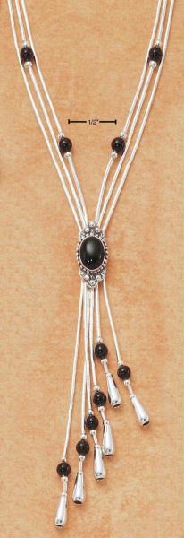 Sterling Silver 16 Inch Expandable Liquid Silver Necklace with Onyx Beads Tassel