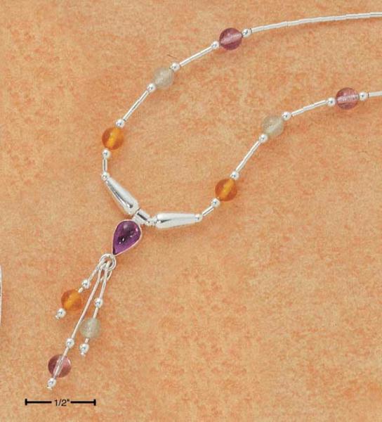 Sterling Silver 16 Inch Single Strand Amethyst Amber Aventurine Tassel Necklace Amber Silver Necklace