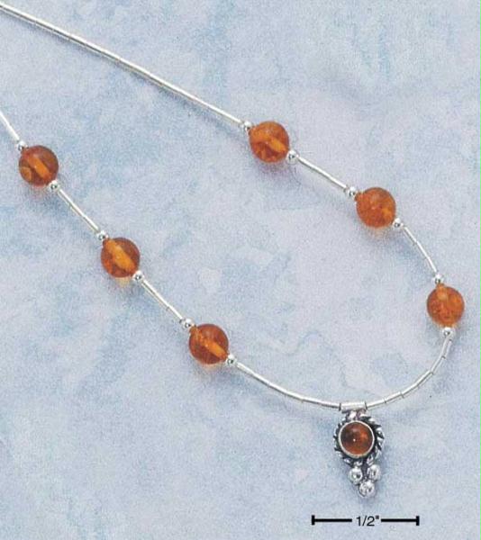Sterling Silver 16 Inch Single Strand Amber Cabachon with Six Amber Beads Necklace Amber Beaded Necklace