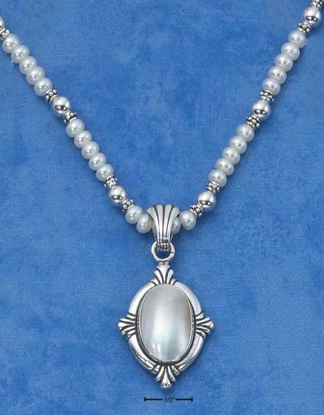 Sterling Silver 18 Inch Fresh Water Pearl Necklace with Oval Mabe Pearl Pendant