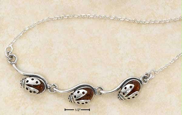 Sterling Silver 17 Inch Triple Honey Amber Ladybug Necklace On Cable Chain Amber Silver Necklace