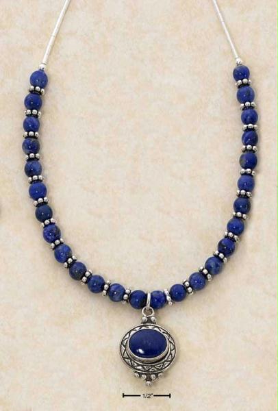 Sterling Silver 16 Inch Liq Sil with Lapis Beads and #44; Bali Spacers and Lapis Pendant Necklace