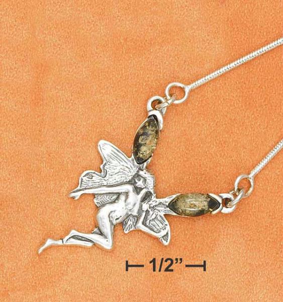 Sterling Silver 17 Inch Fairy with Green Amber On Snake Chain Necklace Amber Silver Necklace