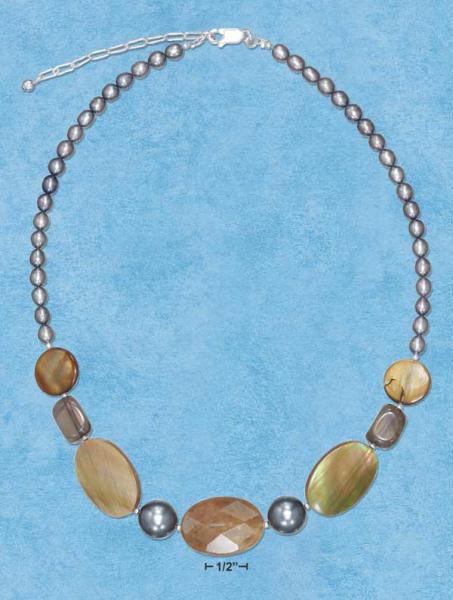 Sterling Silver 1618 Inch Grey Pearl and Brown Shell Necklace with Quartz