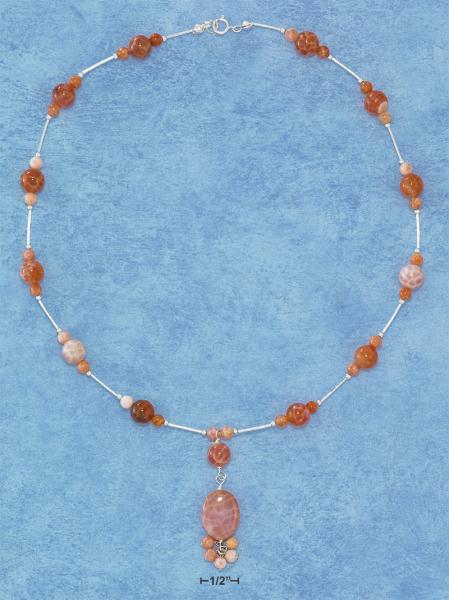 Sterling Silver 16 Inch Orange Fire Agate Bead Necklace with Dangle On Liquid Silver