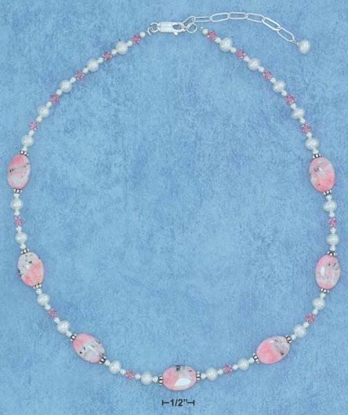 Sterling Silver 1618 Inch Oval Rhodochrosite Necklace with Pearls and Rose Crystals