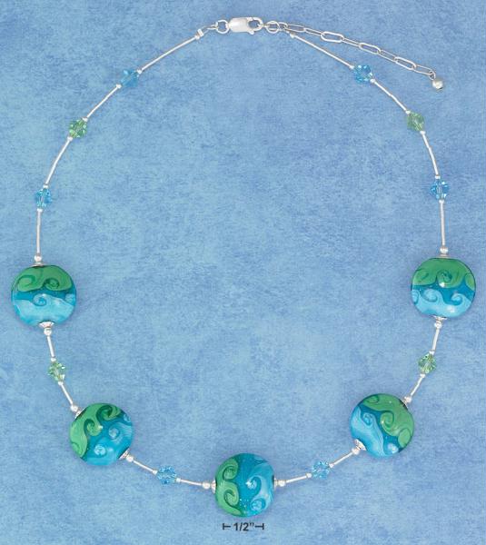 Sterling Silver 1618 Inch Adjustable Glass Earth Beads Necklace with Austrian Cr