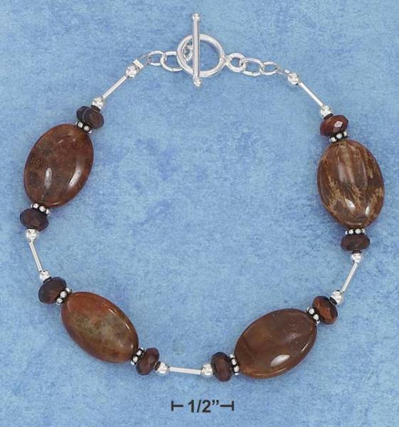Sterling Silver 8 Inch Fossil Coral Bracelet with Faceted Tiger Eye and Toggle Closure