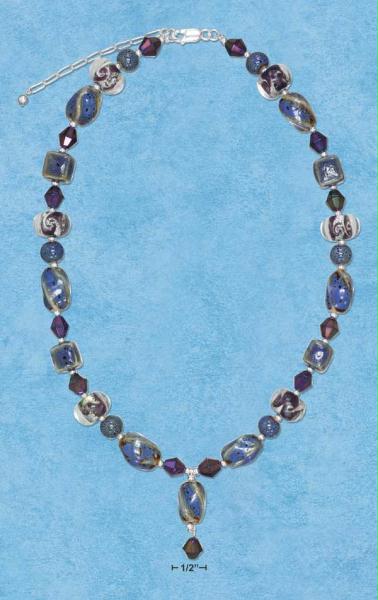 Sterling Silver 1618 Inch Purple Porcelain Beads with Drop and Crystals Necklace