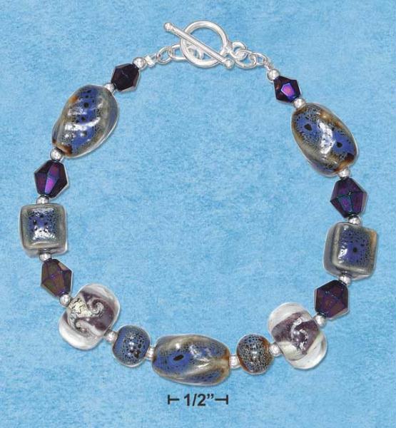 Sterling Silver 8 Inch Purple Porcelain Beads Glass Beads and Crystals Toggle Bracelet