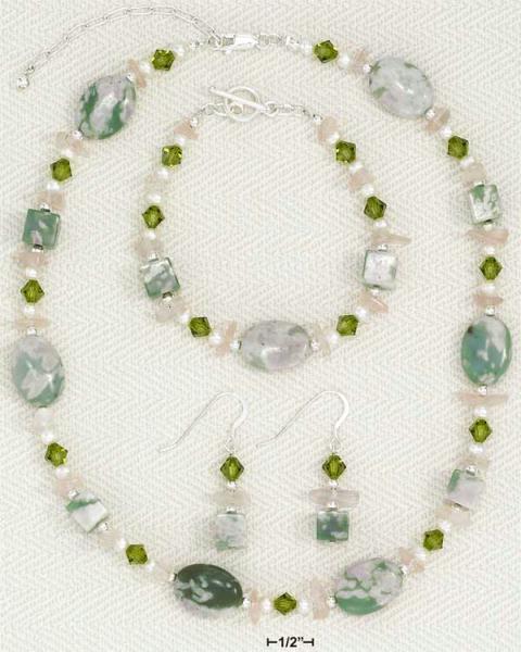 Sterling Silver Pink/White/Jasper Beads and Quartz Necklace and #44; Bracelet and #44; Earring Set