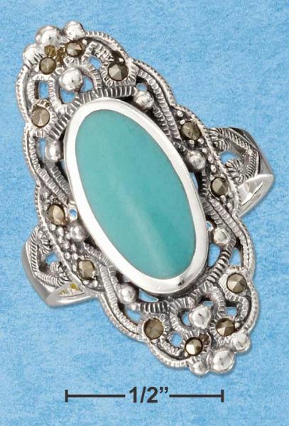 Sterling Silver Filigree Marcasite with Oval Bezel Set Turquoise Ring Size: 7
