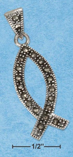 Sterling Silver 10 X 25mm Marcasite Christian Fish Pendant