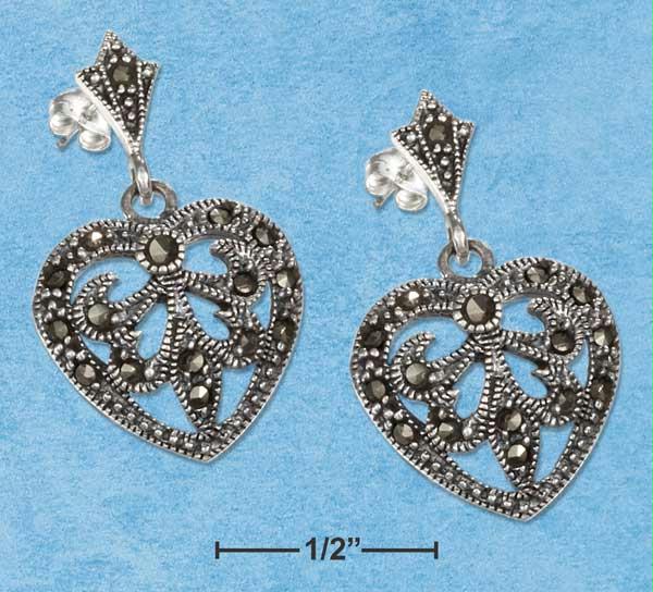 Sterling Silver Marcasite Heart Dangle Post Earrings