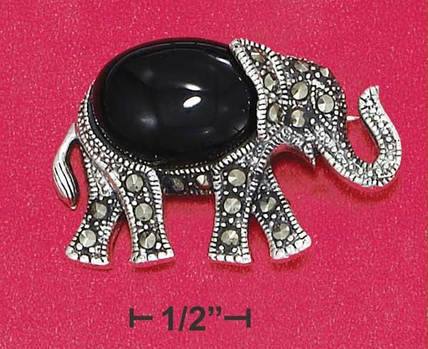 Sterling Silver 21 X 34mm Synthetic Black Onyx Marcasite Elephant Pin