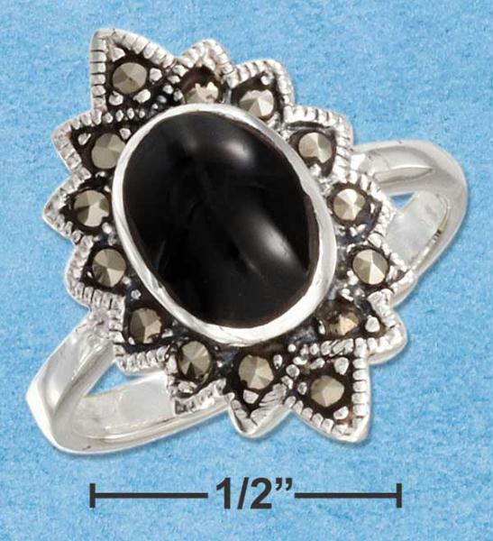 Sterling Silver 7X9mm Simulated Black Onyx Cabochon with Marcasite Starburst Ring Size: 7