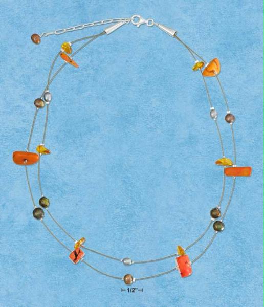 Sterling Silver 16 Inch 2 Strand Magnesite Amber Bugget with Pearls Necklace Amber Silver Necklace