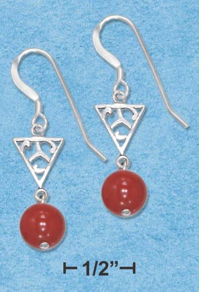 Sterling Silver Filigree Triangle with Carnelian Ball Earrings On French Wire S