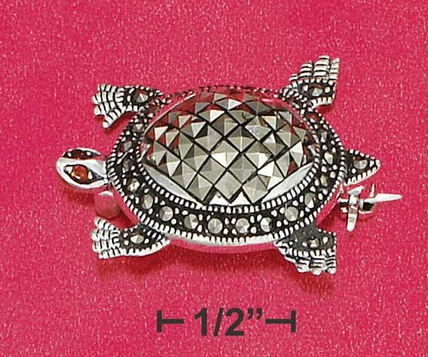 Sterling Silver Marcasite Turtle Pin with Garnet Eyes