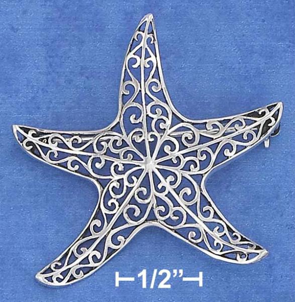 Sterling Silver 41mm Filigree Starfish Pin with Curled Arms