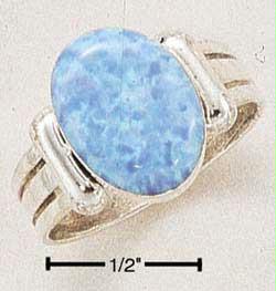 Sterling Silver Synthetic Oval Blue Opal Stone On Fancy Striated Shank Ring