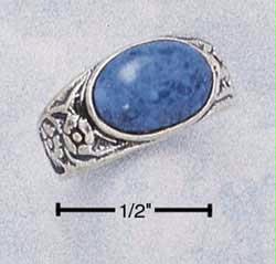 Sterling Silver Ladies Side Oval Denim Lapis Ring With Tapered Floral Band