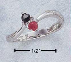 Sterling Silver Heart Shaped Genuine Ruby Genuine Black Sapphire Two Heart Ring