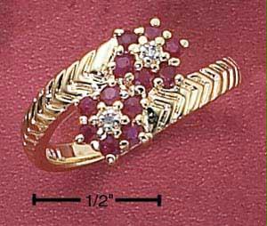 Sterling Silver 18Kt Gp Genuine Ruby Flower Bypass Ring With Diamond Chips Size: 7