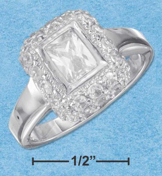 Sterling Silver Womens Emerald Cut Clear Cz Ring With Fancy Border Size: 7