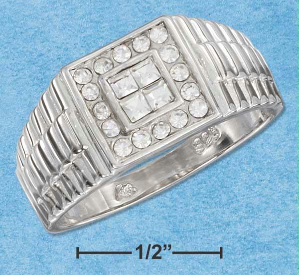 Sterling Silver Mens Ring With 4 Princess Cut Clear Czamp;apos;s With Round Cz Border Size: 7