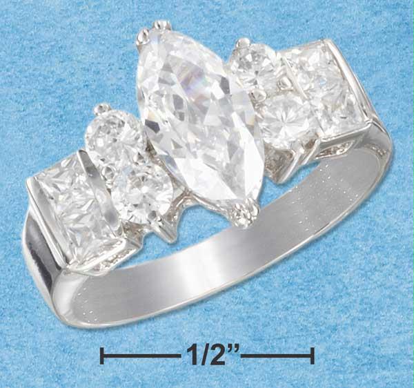 Sterling Silver Womens 6X12 Marquise Cz Ring W/Rnd amp; Princess Cut Side Stones Size: 7