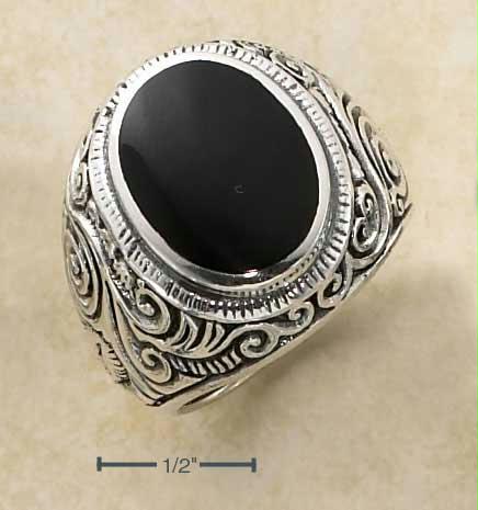 Sterling Silver Mens Lg Bezel Set Oval Onyx Ring with Tapered Scrolled Floral Band