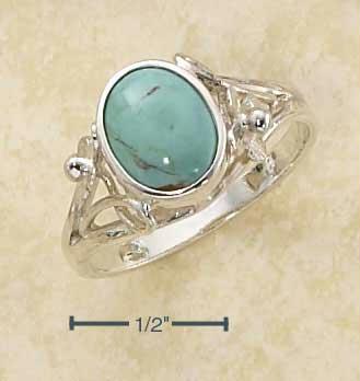 Sterling Silver Oval Turquoise Ring with Small Flower Scrolled Split Shank Size: 7