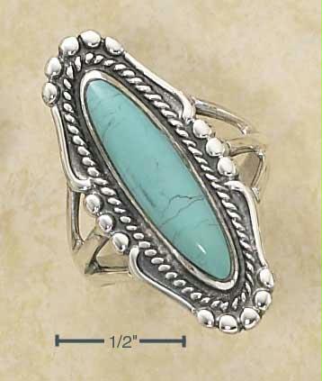 Sterling Silver Long Oval Turquoise Ring with Rope amp; Beaded Edging Size: 7