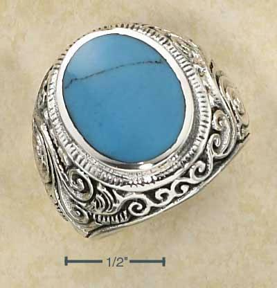 Sterling Silver Mens Lg Bezel Set Oval Turquoise Ring with Tapered Scrolled Floral Band
