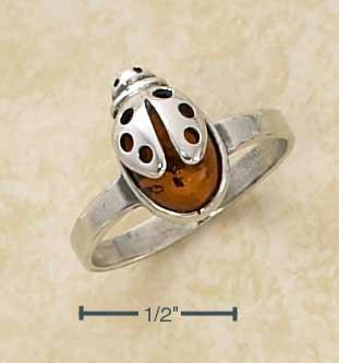 Lucky Sterling Silver Honey Amber Ladybug Ring