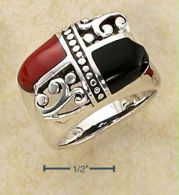 Sterling Silver Onyx amp; Red Stone Opposing Scrolled Dome Setting Ring  Size: 7