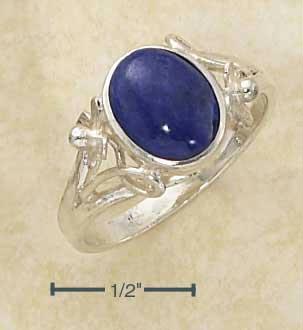 Sterling Silver Oval Lapis Ring With Small Flower Scrolled Split Shank