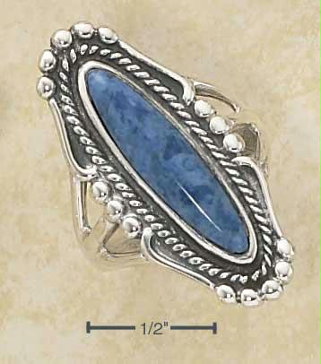 Sterling Silver Long Oval Denim Lapis Ring With Rope and Beaded Edging