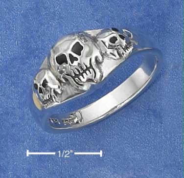 Sterling Silver Unisex Triple Skull Ring With Black Onyx Eyes amp; Nose Nickel Free Size: 7
