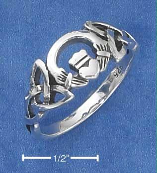 Sterling Silver Claddagh Heart In Hands Ring with Celtic Trinity Knots Size: 7