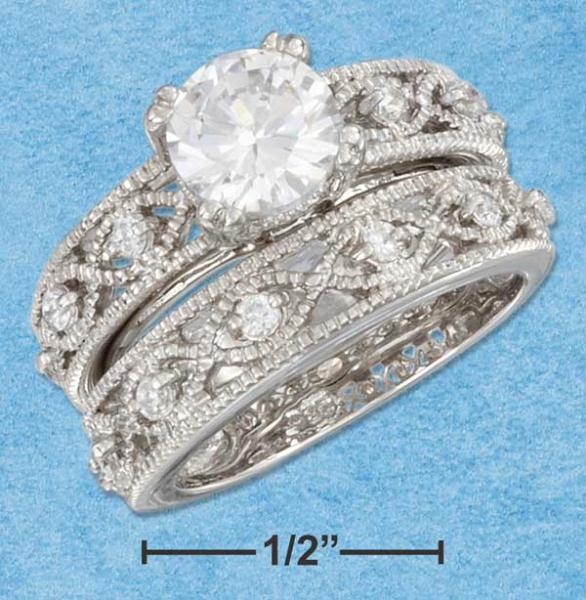 Sterling Silver Rp 7mm Round Cz Wedding Set with Beaded Pave Lacework Bands