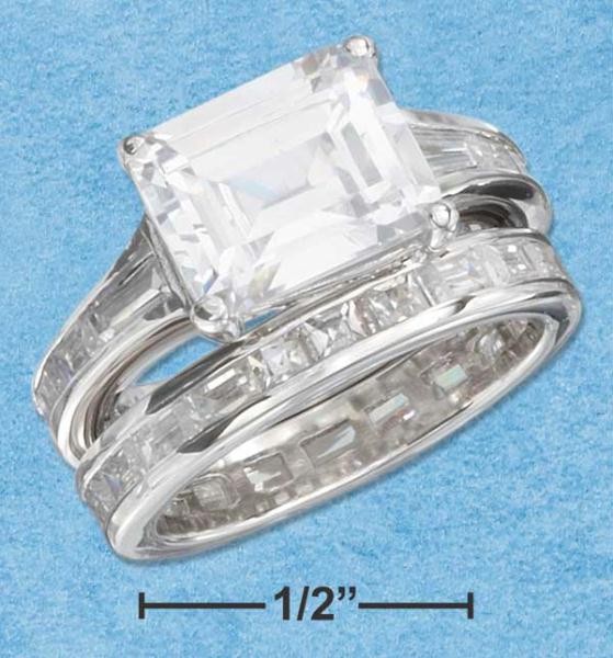 Sterling Silver Rp 8X10mm Side Emerald Cut Cz Wedding Set with Full Baguette Bands