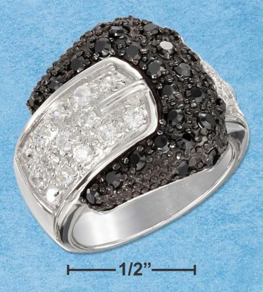 Sterling Silver Rhodium Plated Black White Cz Buckle Ring