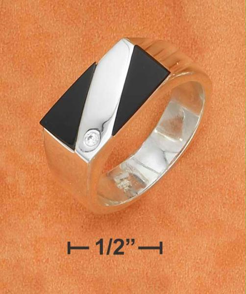 Sterling Silver Hp Mens Rectangular Onyx Ring with Cz Accent & Shank Lined On One Side Size: 7