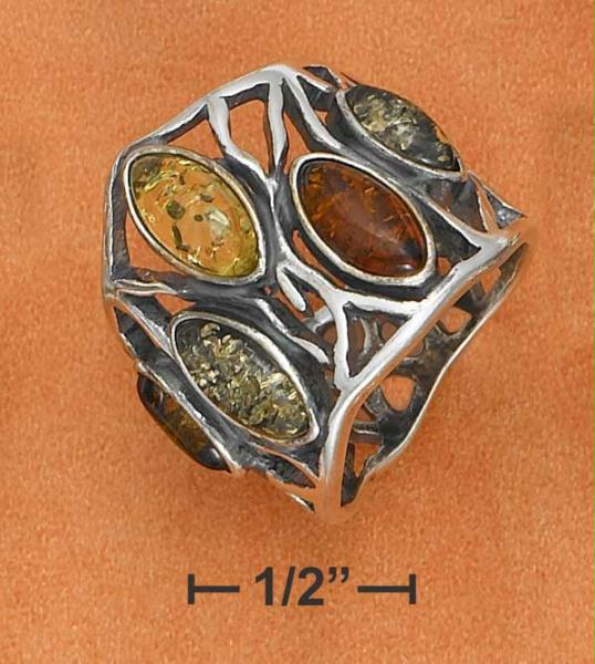 Sterling Silver Large MultiColor Amber with Open Design Band Ring