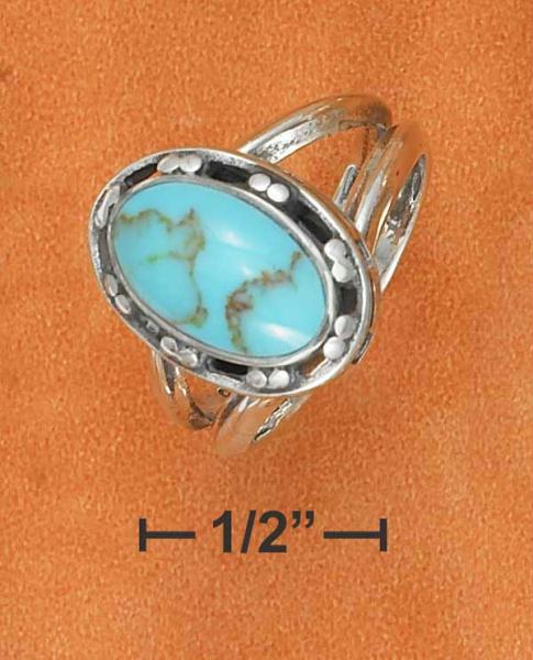 Sterling Silver 8X12mm Oval Turquoise Ring with Open Beaded Border amp; Split Shank Size: 7